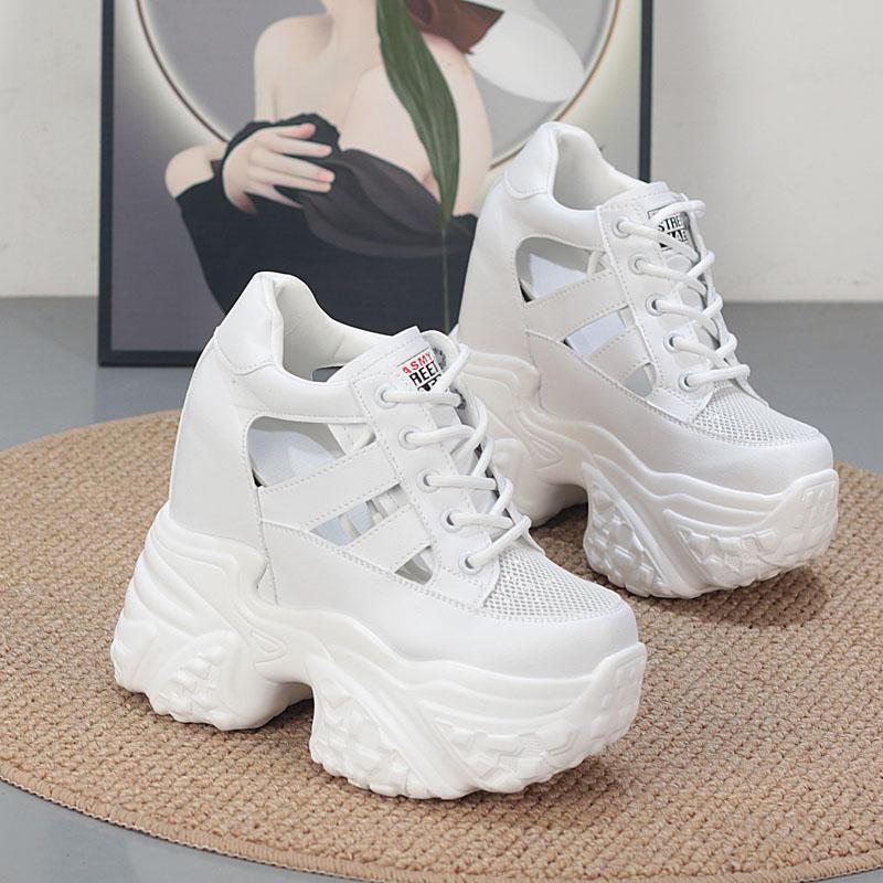 Fashion 13CM Air Mesh Synthetic Microfiber Leather Bling Vulcanize Hollow Summer Chunky Sneakers Platform Wedge Flats Women Shoes