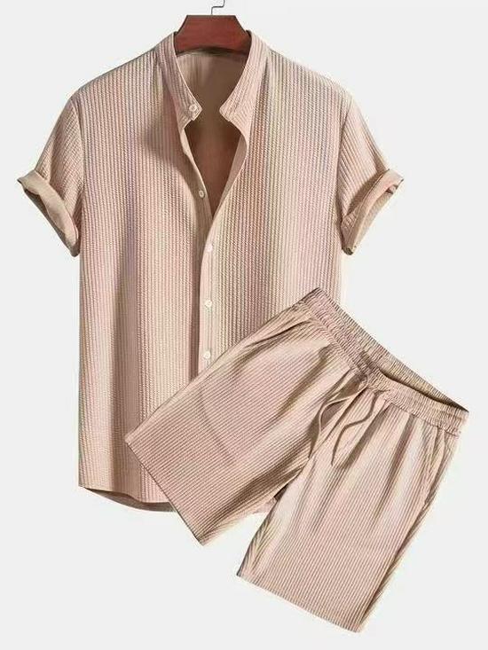 Men's Casual Loose Multi-Color Ribbed Short Sleeve Beachwear Two-Piece Set