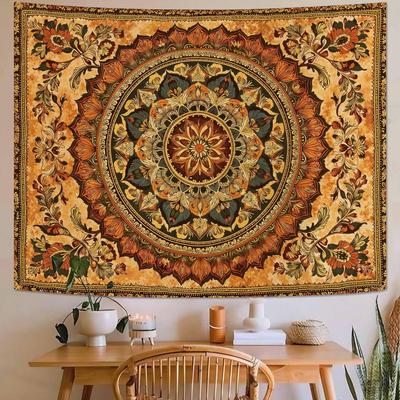 Bohemian Mandala Tapestry, Intricate Floral Design In Warm Orange & Brown Hues, Wall Art for Cozy & Eclectic Rooms