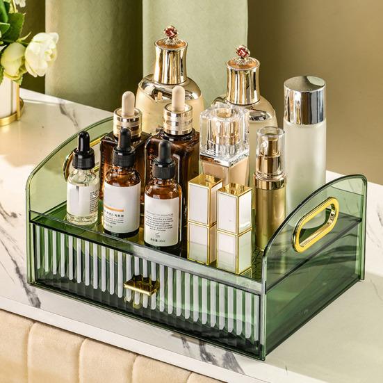 Desktop Cosmetic Storage Box with Drawer And Handle Transparent Two-tier Smooth Stable High Fence Lipstick Lotion Nail Polish Organizer Makeup Display
