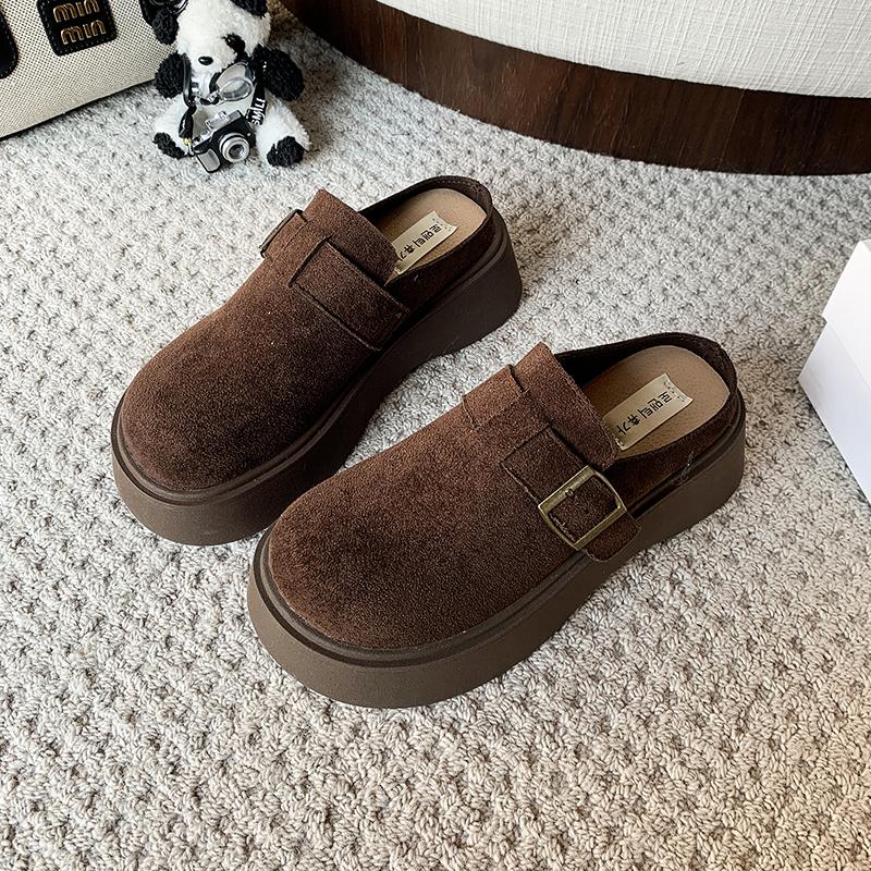 Fashion Women's Baotou Slippers Spring New Round Head Deep Mouth Metal Buckle Thick Sole Anti-slip Wear-resistant Flat Shoes