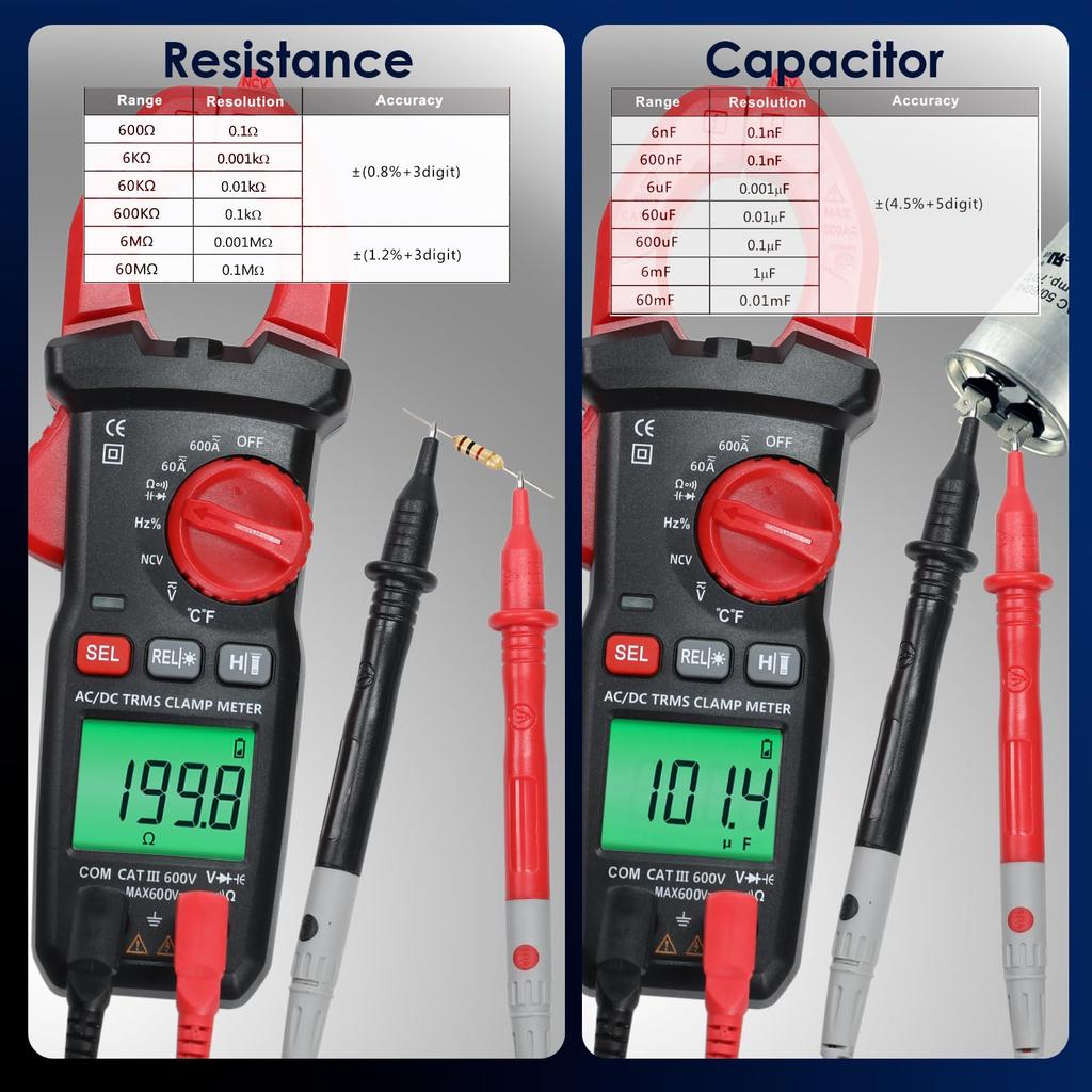 Digital Clamp Meter Multimeter Voltage Tester with Detection and LCD Backlight for Electricians AC/DC Current/Voltage, Temperature, Capacitance,