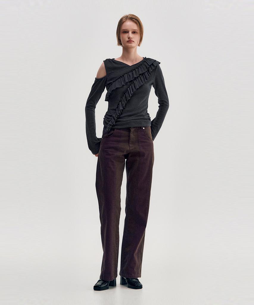Kimjisu Diagonal Ruffle Jersey Top _ Charcoal
