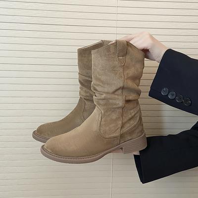Nuovo Stile Stivali Western Impilati in Camoscio Donna Stivali al Polpaccio con Tacco Chunky Scarpe Donna Primavera Autunno Stivali Retro Monocolore