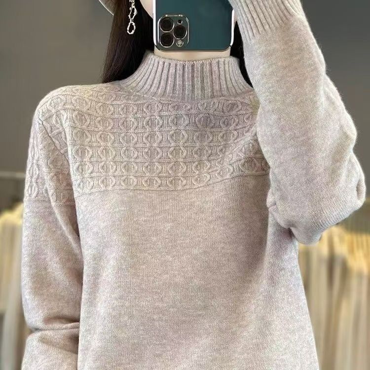 Women's Semi High Neck Sweater Loose Autumn and Winter Knitted Sweater Base Sweater