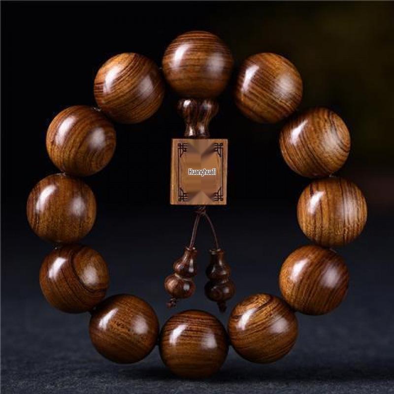 Yellow Rosewood Ethnic Style 12-Bead Bracelet: 20mm Finely Carved Plain Beads for Men and Women.