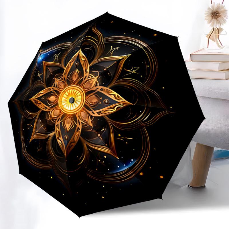 1pc Golden Mandala Auto-Fold Umbrella with One-Touch Open/Close - 8 Reinforced Ribs for Windproof Stability,  Yy251118136