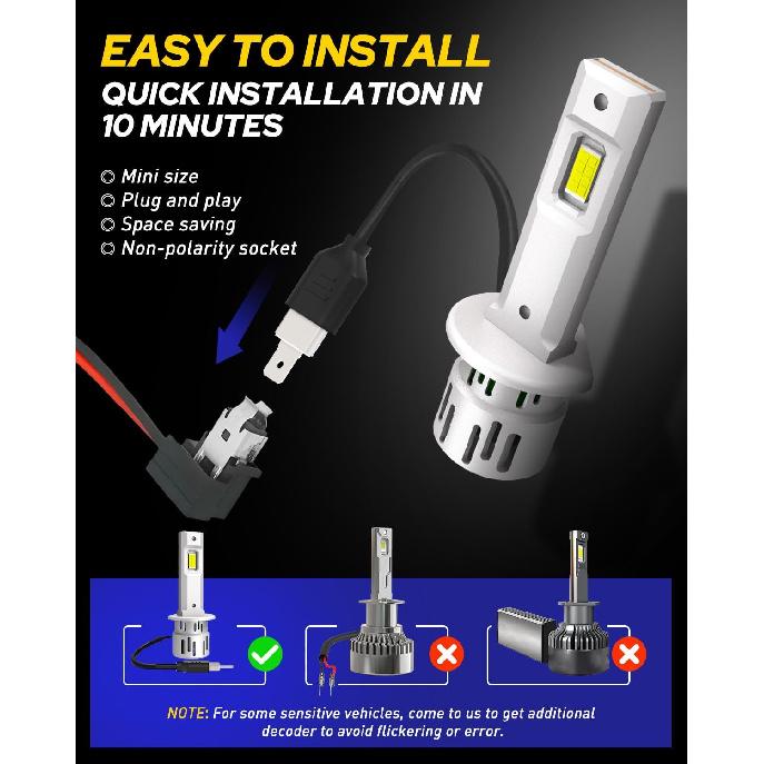 AUTOONE H1 LED Bulb, 800% Brighter, 5 Min Quick Tall, 20 Years Lifespan, No Flicker, 99% Compatibility, Pack Of 2