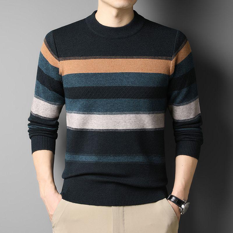 Autumn Winter New Men Sweater O-Neck Striped Contrast Color Thicken Warm Trend Fashion Loose Long Sleeve Pullovers Knitted Top