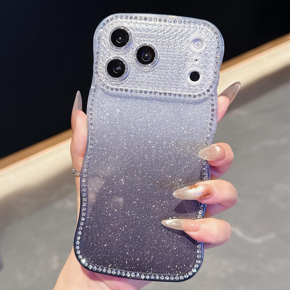 KEYSION Gradient Glitter Jewelled Phone Case for iPhone 16 17 Pro Max Air 16 Plus Wavy Border Lens Protector Shockproof Cover