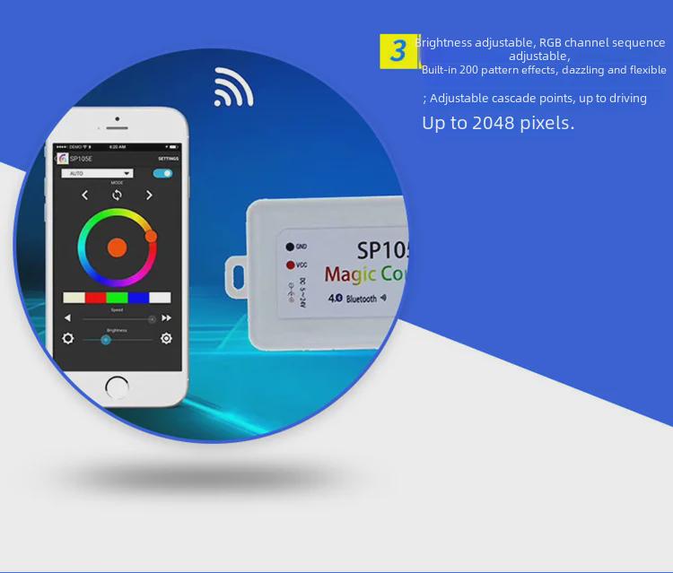 SP105E Bluetooth LED Strip Controller for WS2811/2812B, 5-24V, with Remote & App for Horse Racing Effects.