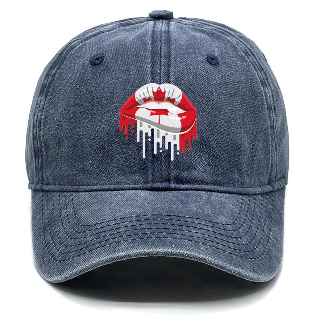 Canada Flag Mouth Print Adjustable Sun Hat, Patriotic Flat Cap Stylish Adjustable Strap Casual Slouchy Snapback Baseball Hat