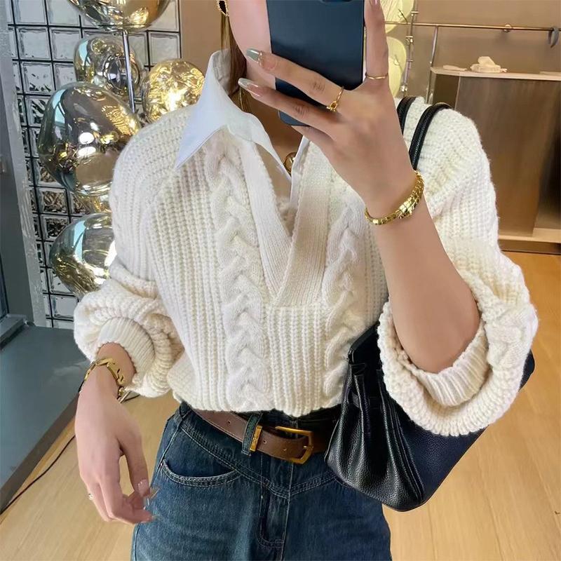 Suéter retro de mujer falso cuello polo de dos piezas top torcido de punto