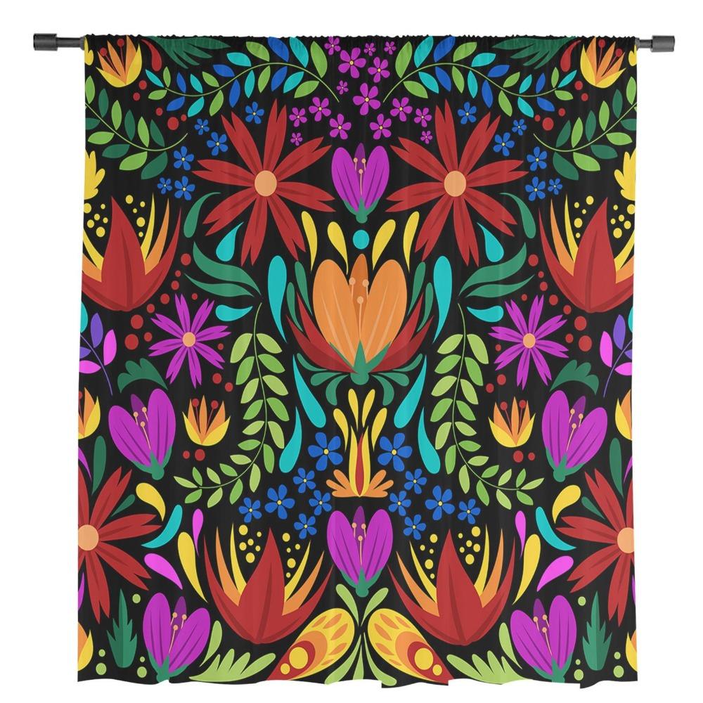 Colorful Mexico Abstract Flower Sheer Curtains for Living Room Decoration Window Curtains Kitchen Tulle Voile Organza Curtains