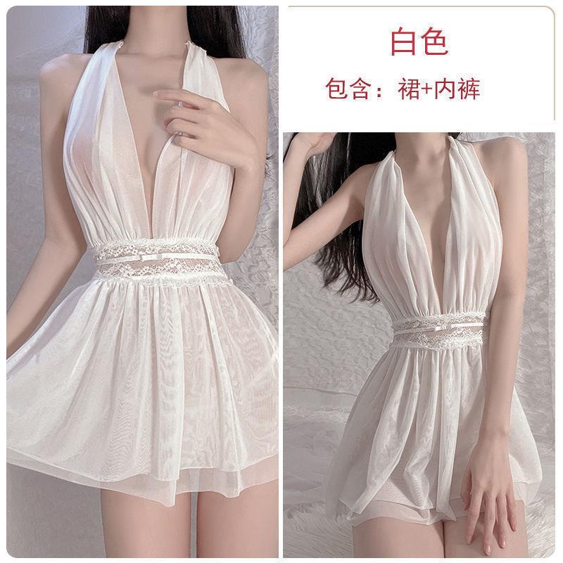 Sex underwear neck skirt French nightgown dinner bar uniform mesh backless perspective dress