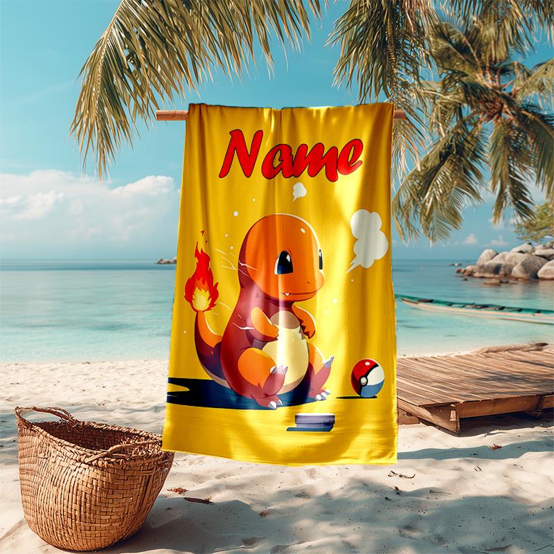 Personalized customized proof beach towel with Pokémon Charmander pattern - soft, absorbent,quick-drying,perfect swimming,camping&bathing
