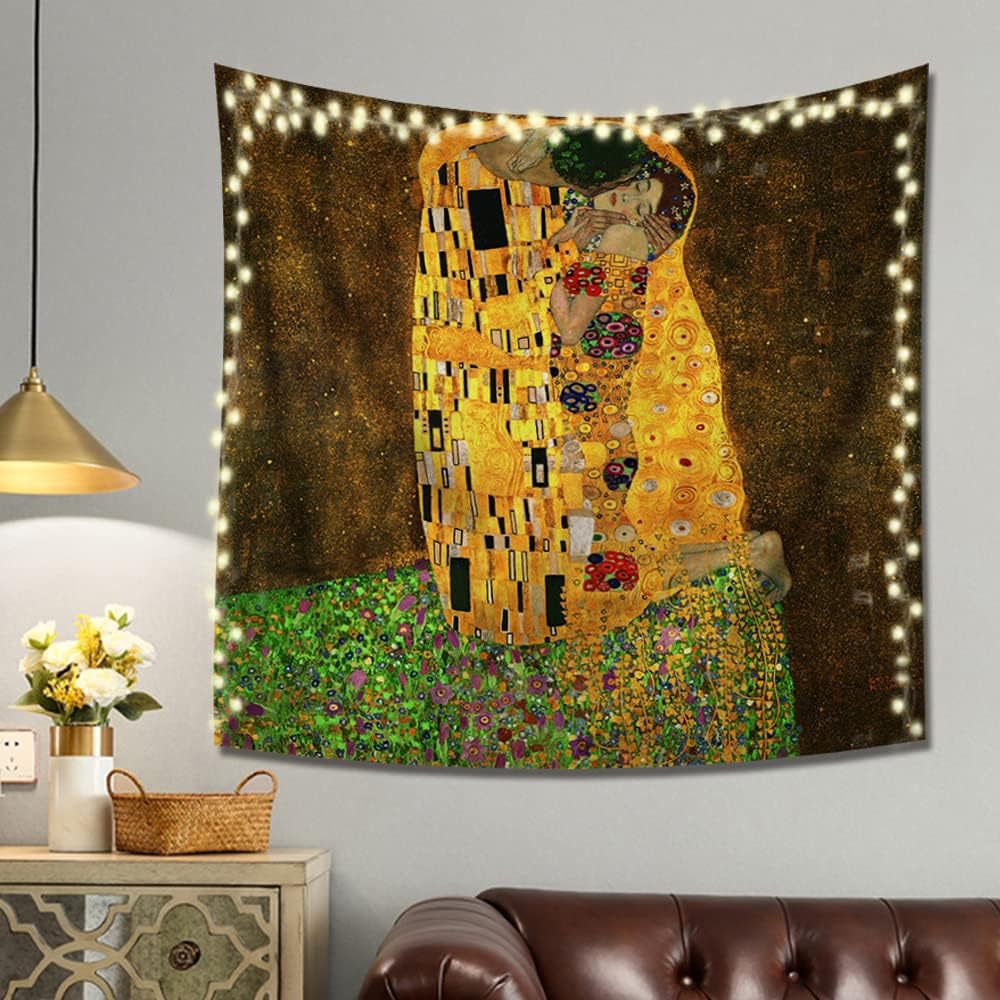 Tapestry Wall Hanging Art Home Decor The Kiss by Gustav Klimt Art Print Painting for Living Room Bedroom Bathroom Dorm