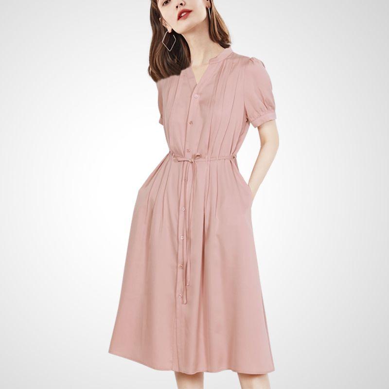 

Fashion Elegant French Style Tea Dress 2025 New Arrival Summer Ruched Stand Collar Dress Women s Waist-Controlled Lace-up A- line Skirt Pink S