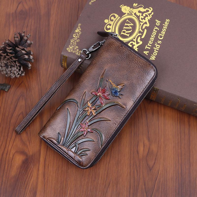 

New Top Layer Cowhide Leather Bag with Retro Style, Multi Slot Long Wallet, Embossed and Colored