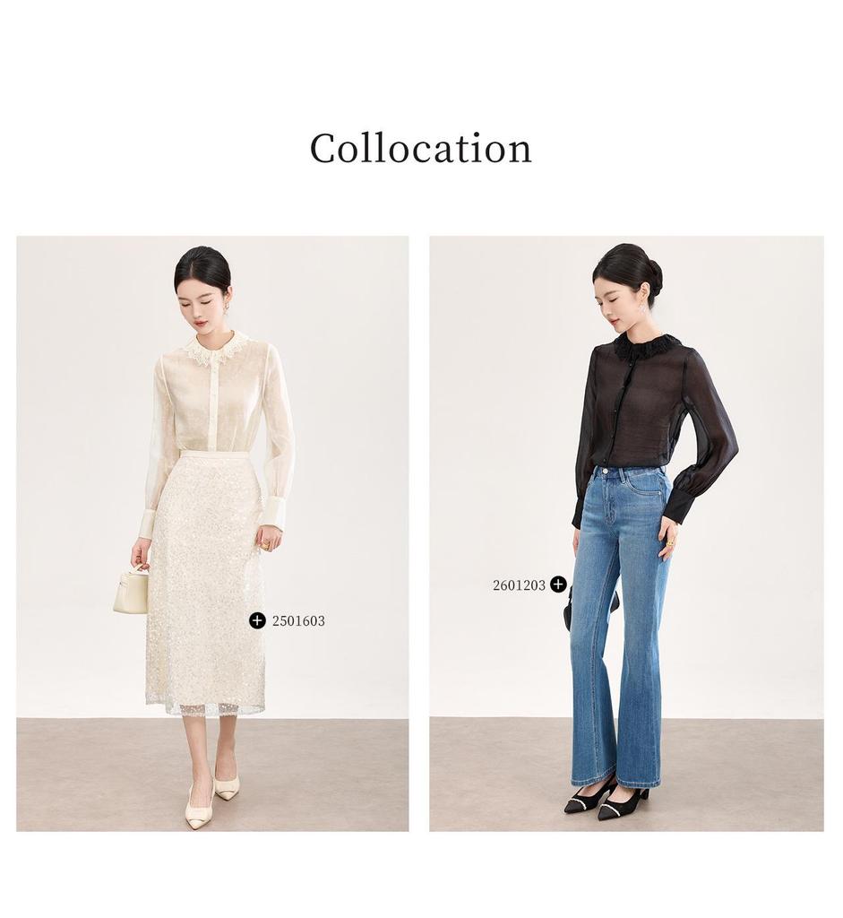 Nanyou High-Quality Lace Trim Mist-Effect Ice Silk Long-Sleeve Women's Shirt