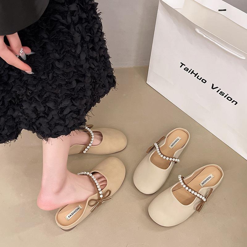 Single Shoes Soft Sole Head Night Bow Bag 2025 New Evening Wind Half Slippers Women's Summer Wear Flat Bottom Cool Slippers Half Tray