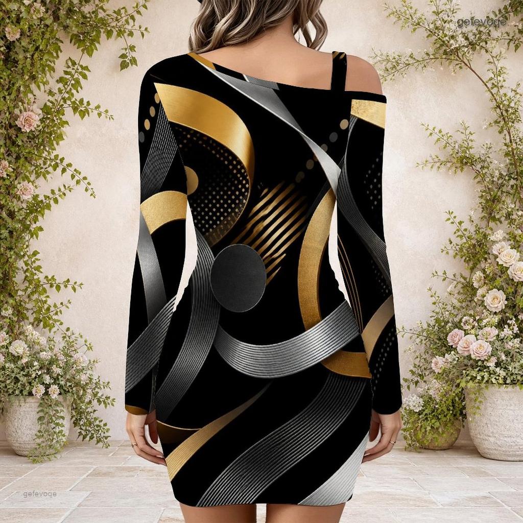 Women Plus Size One Shoulder Chain Strap Long Sleeve Black Blue Printed Bodycon Mini Dress