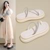 TEH3810 new French toe slope heel thick-soled slippers women's 2025 summer outer wear holiday style beige sandals