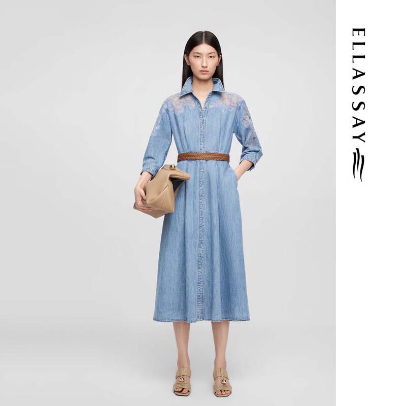 ELLASSAY Retro Denim Lace Patchwork A-line Dress