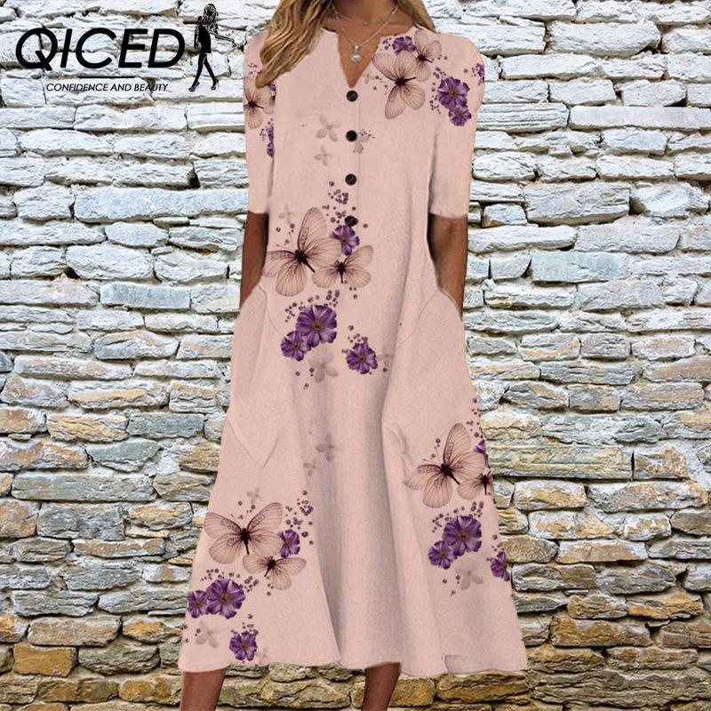 QICED Elegant Women Dresses V Neck Short Sleeve Button Party Dress Female Summer Vintage Print Dress Casual Loose Floral Ladies Dresses