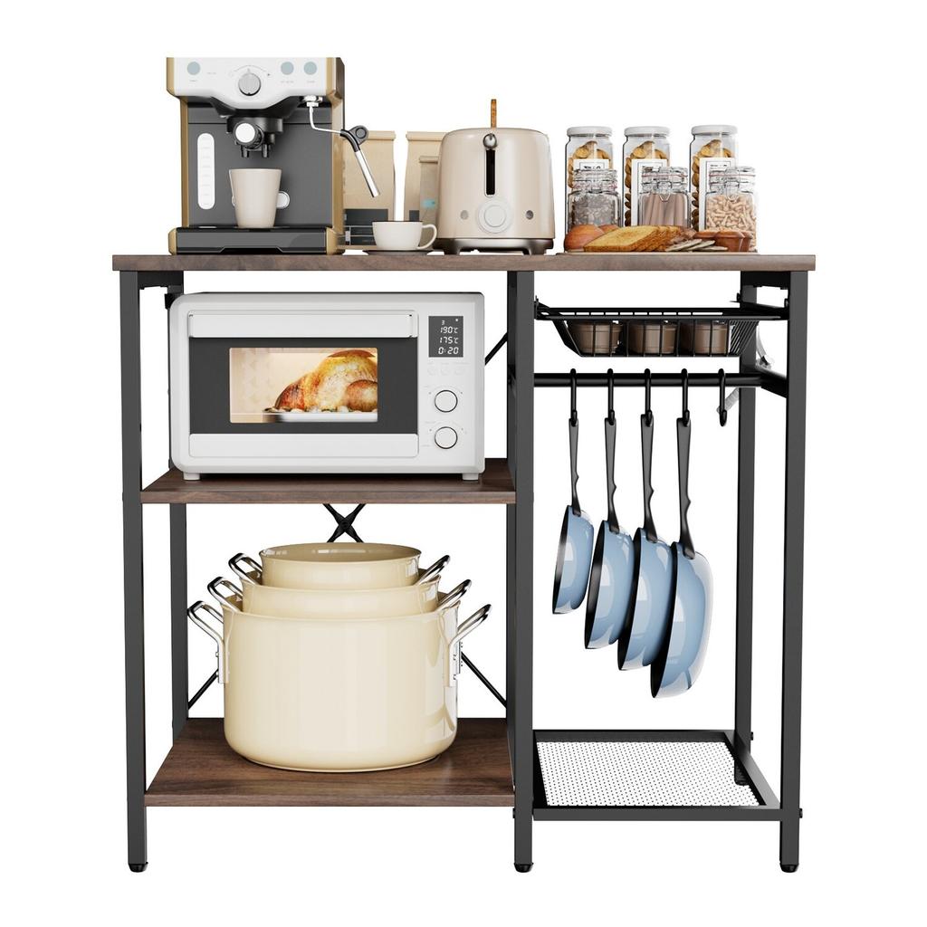 Estantería de Cocina para Panaderos, Estantería para Panaderos de 900 mm de Ancho, Soporte de Cocina con Barra de Soporte en Forma de X, 5 Ganchos en Forma de S, Estante de Almacenamiento Multicapa, Soporte para Barra de Café