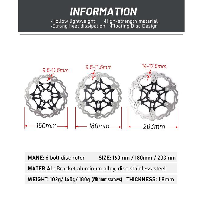 MANA 6 Bolt  Bicycle Float Disc Brake 160/180/203MM Steel Brake Edge for Heat Dissipation + Aluminum Alloy Inner Frame MTB Parts