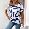 2025 Blue Abstract Graphic Dolman Sleeve Summer Top - European & American Style, Hot Selling, In Stock