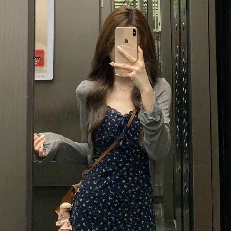 Women's Floral Print Spaghetti Strap Dress & Cardigan Set - Summer 2026 Style, Waist-Cinching Long Dress, Thin Outerwear Two-Piece.