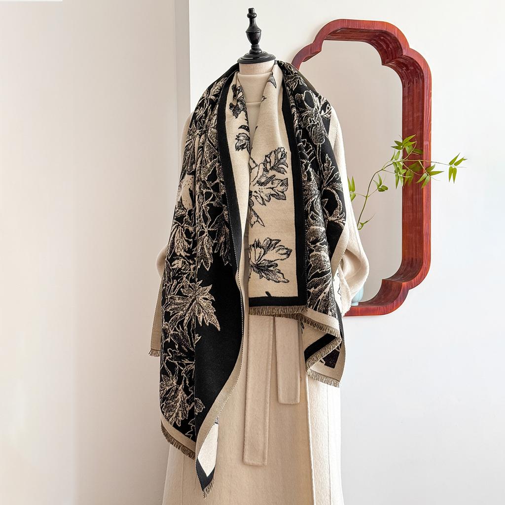 Luxury Brand Winter Cashmere Scarf for Women - Retro Printed Shawl with Tassels, Warm Pashmina Wrap & Bandana Poncho
