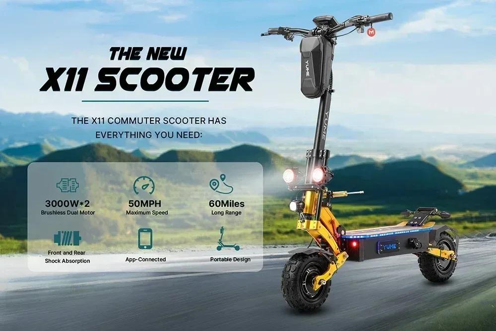EU YUME X11+ Elektrická koloběžka 6000W 60V 27Ah Baterie Dva motory 11palcové pneumatiky 90KM Maximální dojezd 150KG Maximální rychlost 95km/h E-Koloběžka