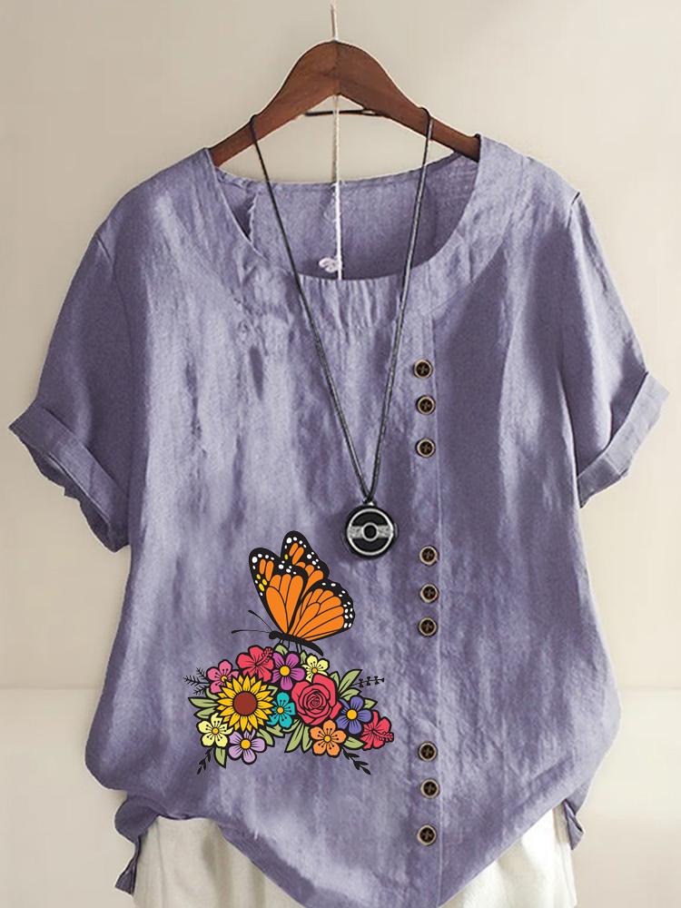 Women's Fashion Butterfly Flowers Print Casual Cotton Linen Short Sleeve Round Neck T-shirt Shirt Leisure Loose Summer Blouse Tops