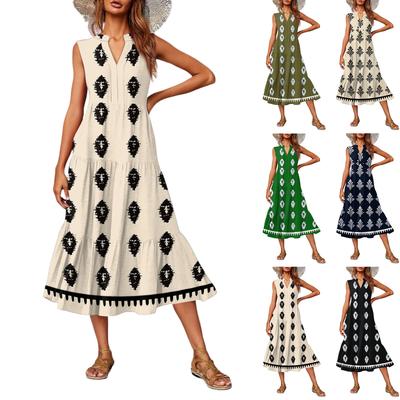 Women's Casual And Fashionable V-neck  Sleeveless Printing Mid Length Dress