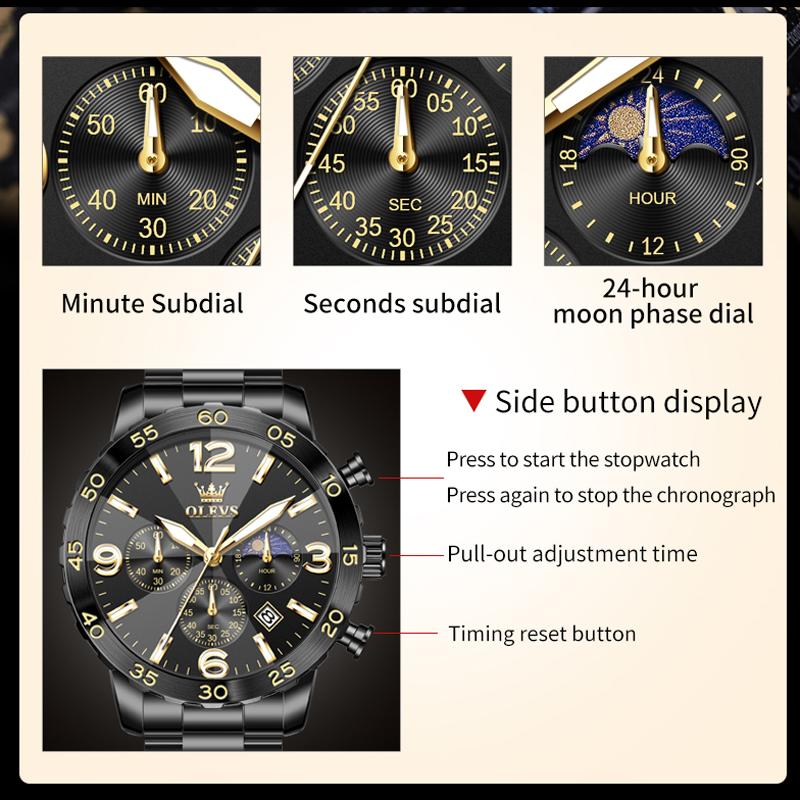 OLEVS Sports Black Stainless Steel Men Watch Moon Phase Luxury Night Glow Calendar Quartz Fashion Watch reloj hombre