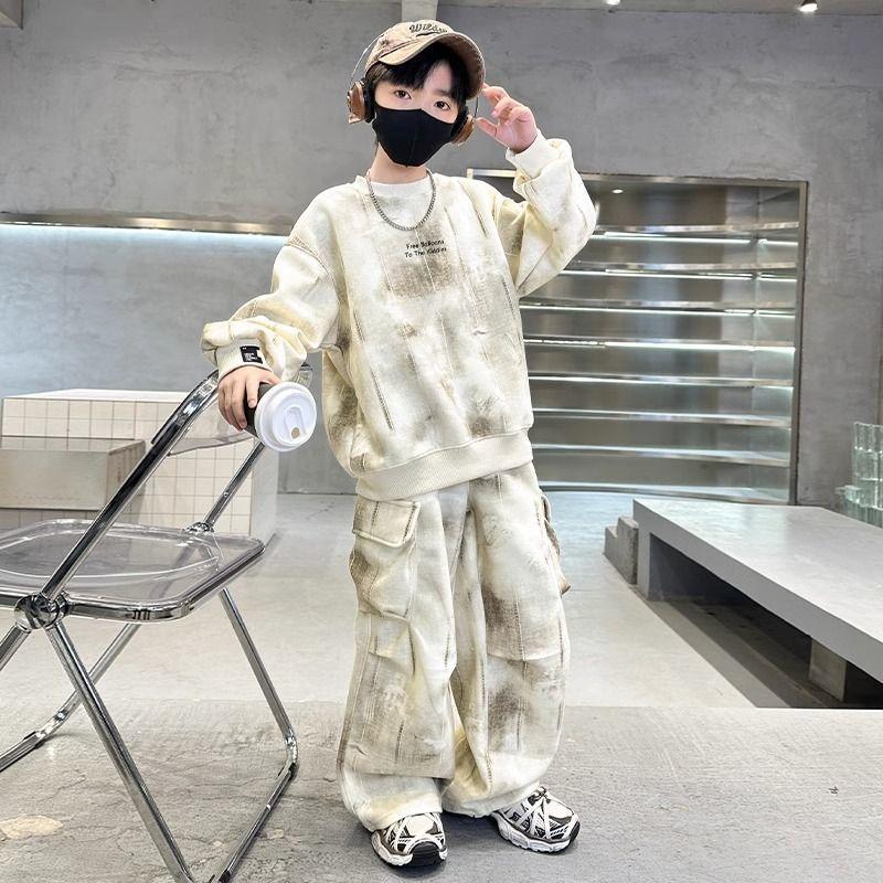 Spring Winter Boys Tracksuit Letter Graffiti Sweatshirt Hooded + Loose Cargo Pants Clothes Children Set 4 6 8 10 12 14 Year