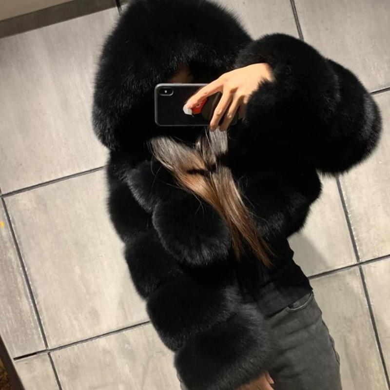 Short hooded jacket imitation fox fur long-sleeved fur splicing autumn and winter new thermal top