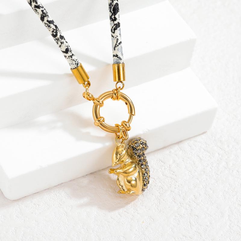 Stainless Steel Rhinestone Squirrel Pendant Necklace with Leopard Print Rope Chain