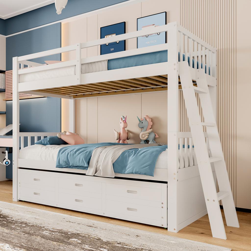 =(WX000121AAK)Etagenbett 90x200cm, Hausbett, Rahmen aus Kiefernholz und MDF mit Leiter und Ausziehbett und 3 Schubladen, Ohne Matratze, Weiß