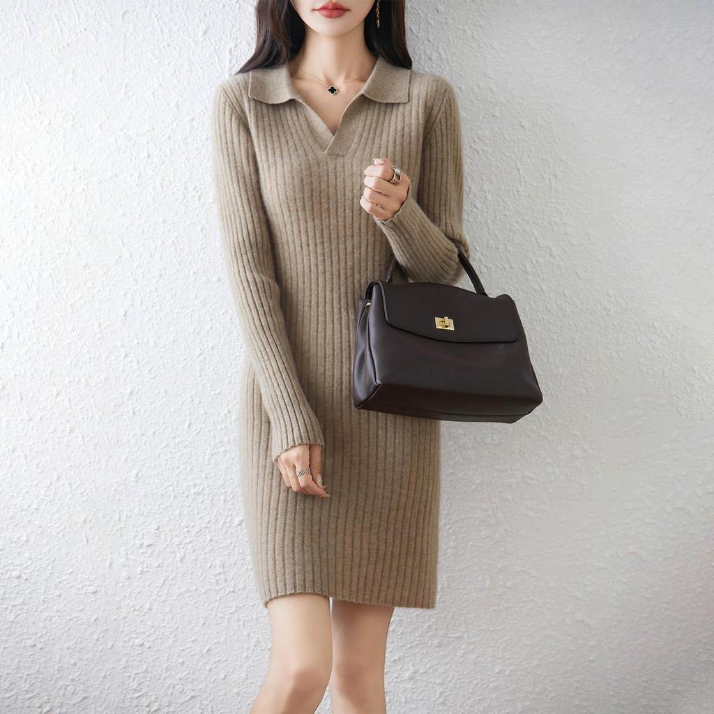 Women's Polo Neck Wool Sweater Dress - Slim Fit, Knee-Length, Ideal as Base Layer for Autumn/Winter Coats