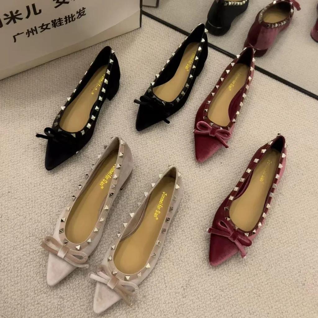 Designer Low Heel Pumps Women Mary Jane Shoes Fashion Rivet Butterfly-knot Shoes 2025 Spring Autumn Wedding Party Shoes