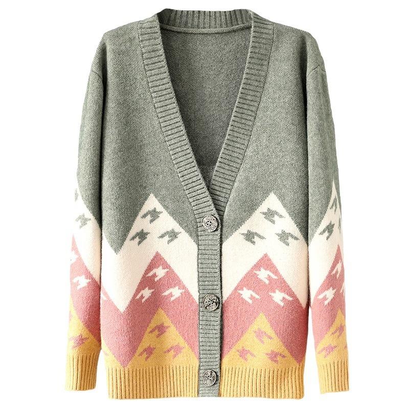 Vintage Blocked Jacquard Knitted Cardigan for Women Spring and Autumn Loose Long Sleeved Sweater Coat