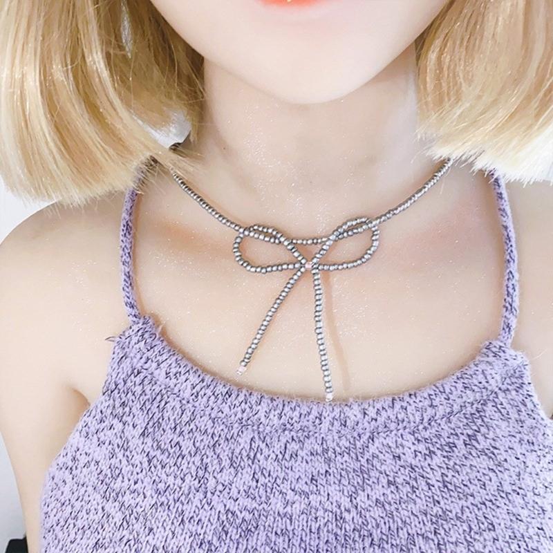 Trendy Bowknot Clavicle Chain Necklace Exquisite Beads Necklace Party Neck Jewelry Glaze Material Gift for Fashion Lover