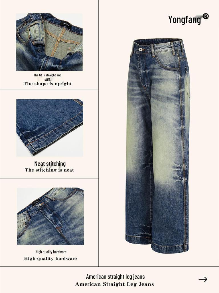 Yongfang American Retro Deep Blue Jeans: Unisex Casual Loose Fit, Cat Whiskers Design, Wide Leg, Straight Long Pants.