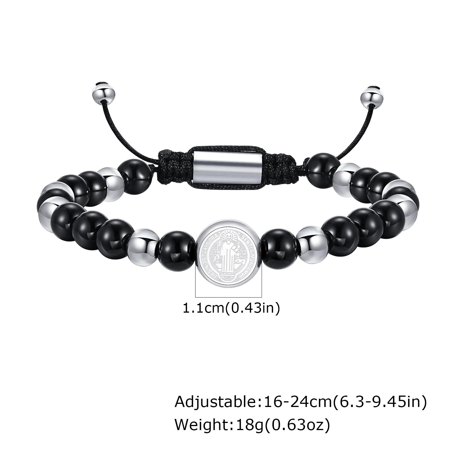 

Tiger Eye Agate Natural Stone Handmade Beaded Bracelet for Men, Stainless Steel Saint Benedict Bracelet,Religious Prayer Jewelry