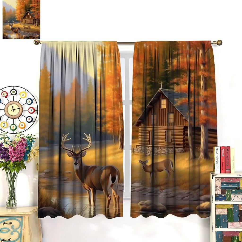 Farmhouse Deer Curtains Bedroom Vintage Rustic Fall Hunting River Cabin Elk Wildlife Window Drape Boys Girls Living Room Curtain For Sitting Polyester