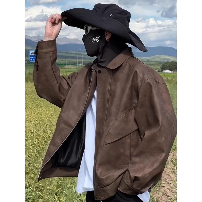 Men's Maillard Brown Waterproof Leather Biker Jacket - Spring/Autumn Turn-Down Collar